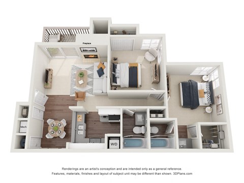 Floor plan for 2 beds, 2 baths, 896 sqft